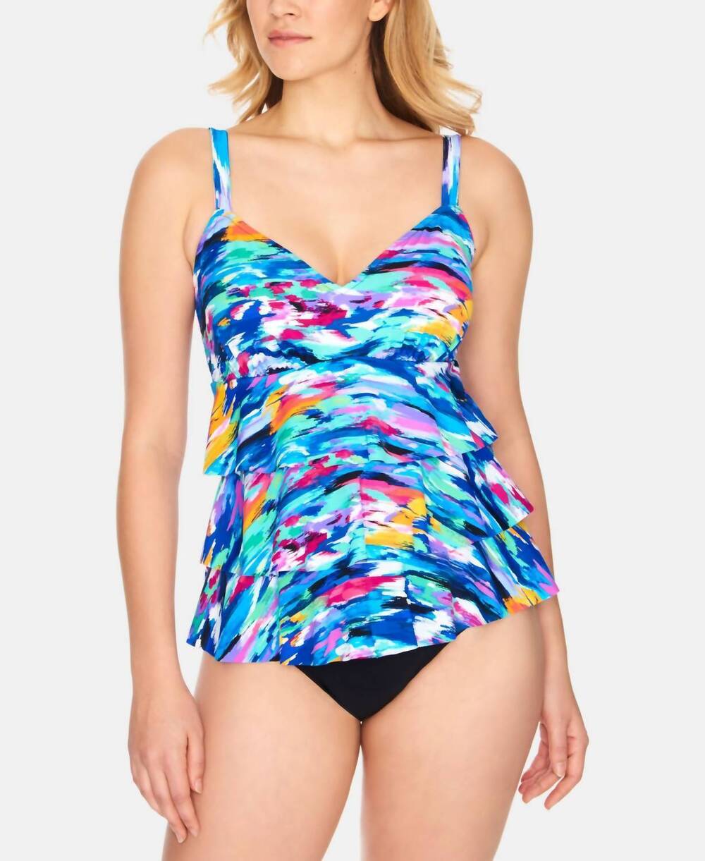 NEW SWIM SOLUTIONS winning streak tiered tummy control one piece swimsuit in win - Picture 2 of 2